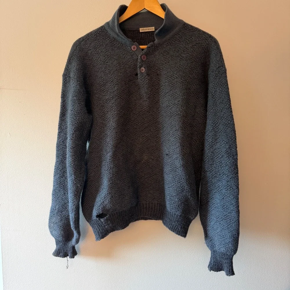 Giorgio Armani Vintage Mens Henley Sweater Charcoal Grey Boucle Textured Knit - Picture 1 of 8